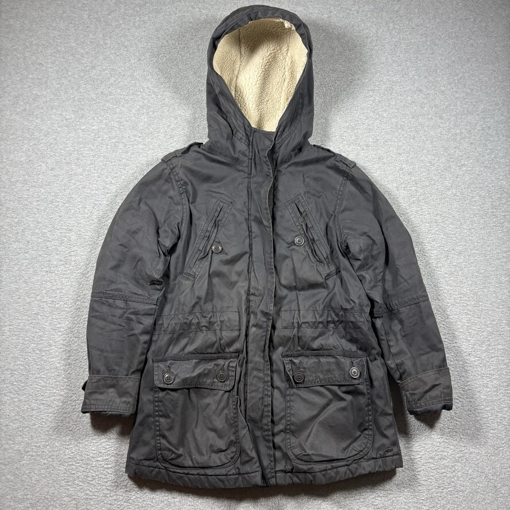 American Eagle Canvas Military Grey Cotton Womens S Sherpa Hooded Jacket Y2K